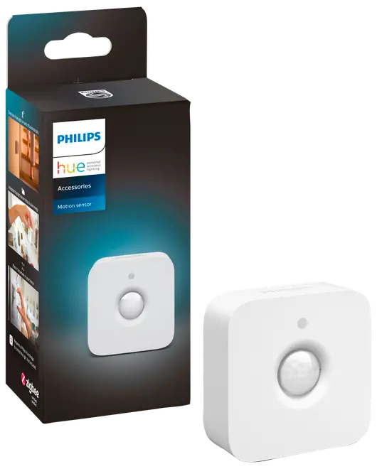 Philips Hue bevægelsessensor, kompakt hvid firkantet enhed med afrundede hjørner, central sensorlinse og lille indikatorlys. Leveres i original emballage med produktbillede.