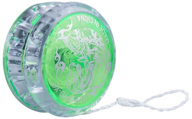 Gennemsigtig grøn plastik-yo-yo med dragemotiv og teksten 'Made in China', hvid snor fastgjort. Velegnet til begyndere og børn.