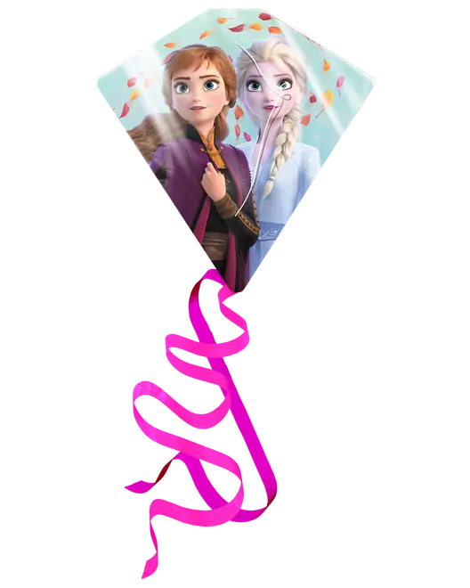 Diamantformad drake med Frost-karaktärerna Anna och Elsa, färgglad bakgrund och lång, lockig rosa svans. Tillverkad av lätt material, perfekt för utomhuslek.