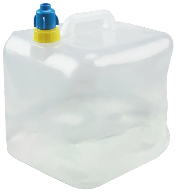 Gennemsigtig plastik vandbeholder med blå og gul skruelåg, indbygget håndtag på toppen, firkantet form, ideel til camping, udendørs brug eller nødopbevaring, cirka 10 liter.