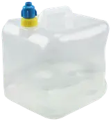 Gennemsigtig plastik vandbeholder med blå og gul skruelåg, indbygget håndtag på toppen, firkantet form, ideel til camping, udendørs brug eller nødopbevaring, cirka 10 liter.
