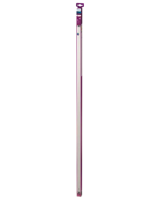 Lang Philips LED-rørpære i slank pink og hvid emballage, pakket lodret til detaildisplay.