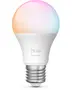 Smart LED-pære med E27-fatning, hvidt kabinet og farveskiftende top. Velegnet til tilpasset belysning, kompatibel med smart home-systemer. "hue Essential" branding på pæren.