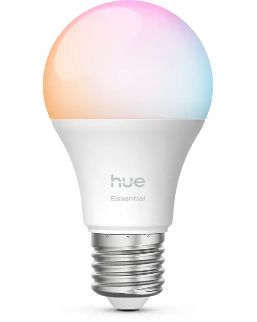 Smart LED-pære med E27-fatning, hvidt kabinet og farveskiftende top. Velegnet til tilpasset belysning, kompatibel med smart home-systemer. "hue Essential" branding på pæren.