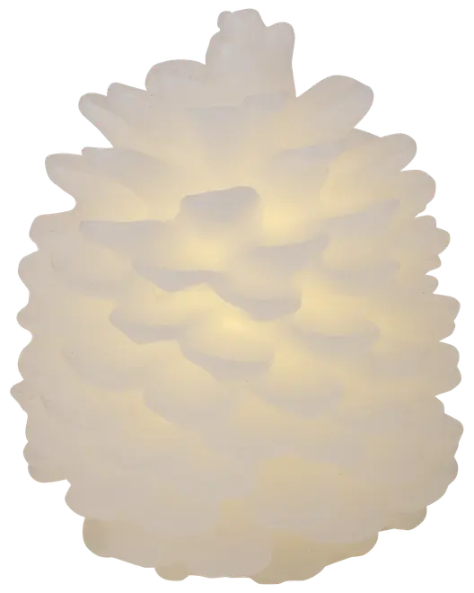 LED-lampe formet som en kogle med blødt hvidt lys, lavet af mat plast. Dekorativt, naturinspireret design til hyggelig belysning i stue eller soveværelse.