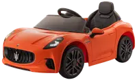 Elektrisk legebil til børn, designet som en Maserati, i klar orange farve med sort sæde, realistisk frontgitter, detaljerede hjul, rat og forlygter. Til små børn.