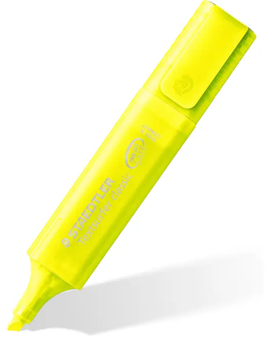 Gul Staedtler Textsurfer Classic overstregningstusch med skrå spids, bred cylinder og kliklåg. Perfekt til markering af tekst. Holdbar plastikkrop med tydelig mærkning.
