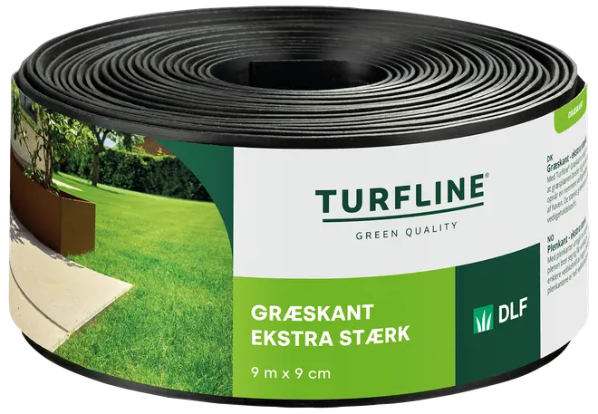 Rulle med extra stark svart gräskant, 9 meter lång och 9 centimeter hög, perfekt för tydliga avgränsningar i trädgården.