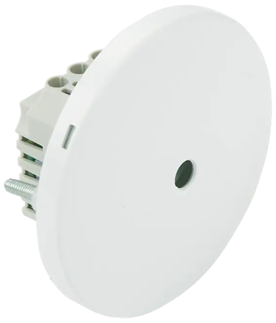 Rund hvid loftroset med centralt hul og elektrisk klemrække bagpå. Velegnet til montering og tilslutning af lamper. Enkel, moderne indendørs design.