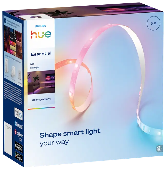 Philips Hue Essential 5m lysstrip med farvegradient, fleksibelt design, smart styring via Bluetooth og Zigbee, kompatibel med app, ideel til tilpasset stemningsbelysning.