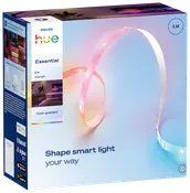 Philips Hue Essential 5m lysstrip med farvegradient, fleksibelt design, smart styring via Bluetooth og Zigbee, kompatibel med app, ideel til tilpasset stemningsbelysning.