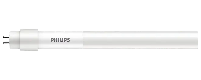 Hvid Philips LED-rørpære med cylindrisk krop og logo i midten, vist vandret på sort baggrund.