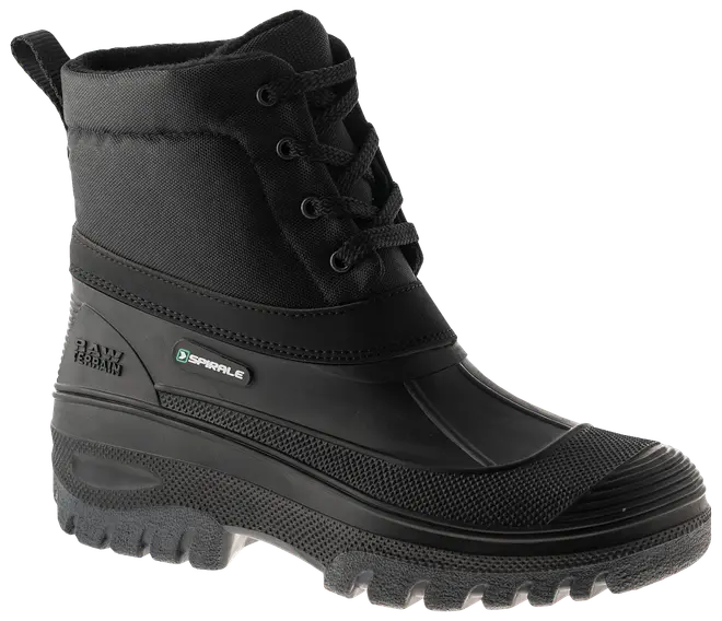 Sort, vandtæt vinterstøvle med robust gummisål, snørelukning, forstærket tå og isoleret overdel. Velegnet til udendørs brug i kolde, våde forhold. Skridsikker og slidstærk.