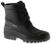 Sort, vandtæt vinterstøvle med robust gummisål, snørelukning, forstærket tå og isoleret overdel. Velegnet til udendørs brug i kolde, våde forhold. Skridsikker og slidstærk.