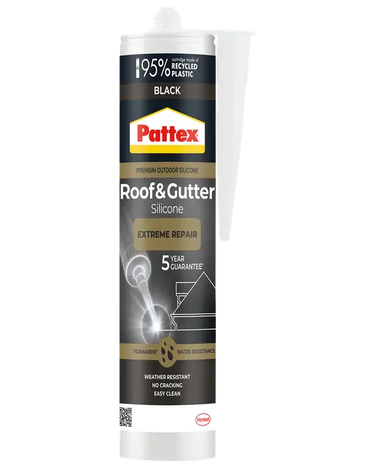 Pattex sort Roof & Gutter silikonepatron til udendørs reparationer, vejr- og vandafvisende, revnefri tætning.