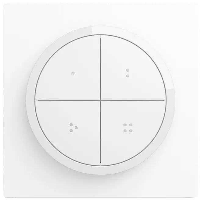 Rund hvid smart vægkontakt med fire berøringsfølsomme felter, hver markeret med små hævede prikker for taktil feedback. Minimalistisk design, passer til moderne hjemmestyring.