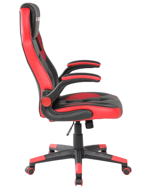 Ergonomisk gamingstol med svart och röd stoppning, just sopbara armstöd, hög rygg och femhjul yet bas. Tjock dämpning för komfort och sportig design.