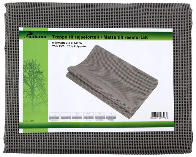 Grå matta för reseförtält, storlek 2,5 x 3,9 meter, tillverkad av 75% PVC och 25% polyester, slitstark och ventilerande nätstruktur, passar utomhusbruk.