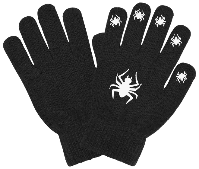 Svarta stickade handskar med vita spindelmotiv på ovansidan och fingrarna. Passar till maskerad eller temafest. En storlek passar de flesta.