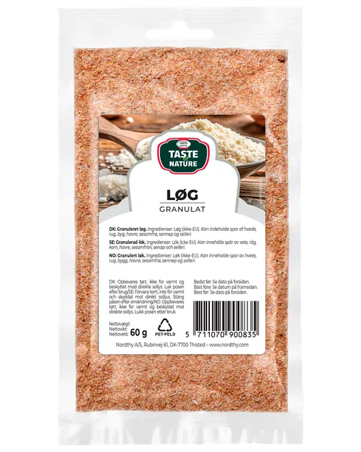 60g förpackning Taste Nature lökgranulat, finmald, i återförslutningsbar transparent påse med produktetikett och ingredienslista på framsidan.