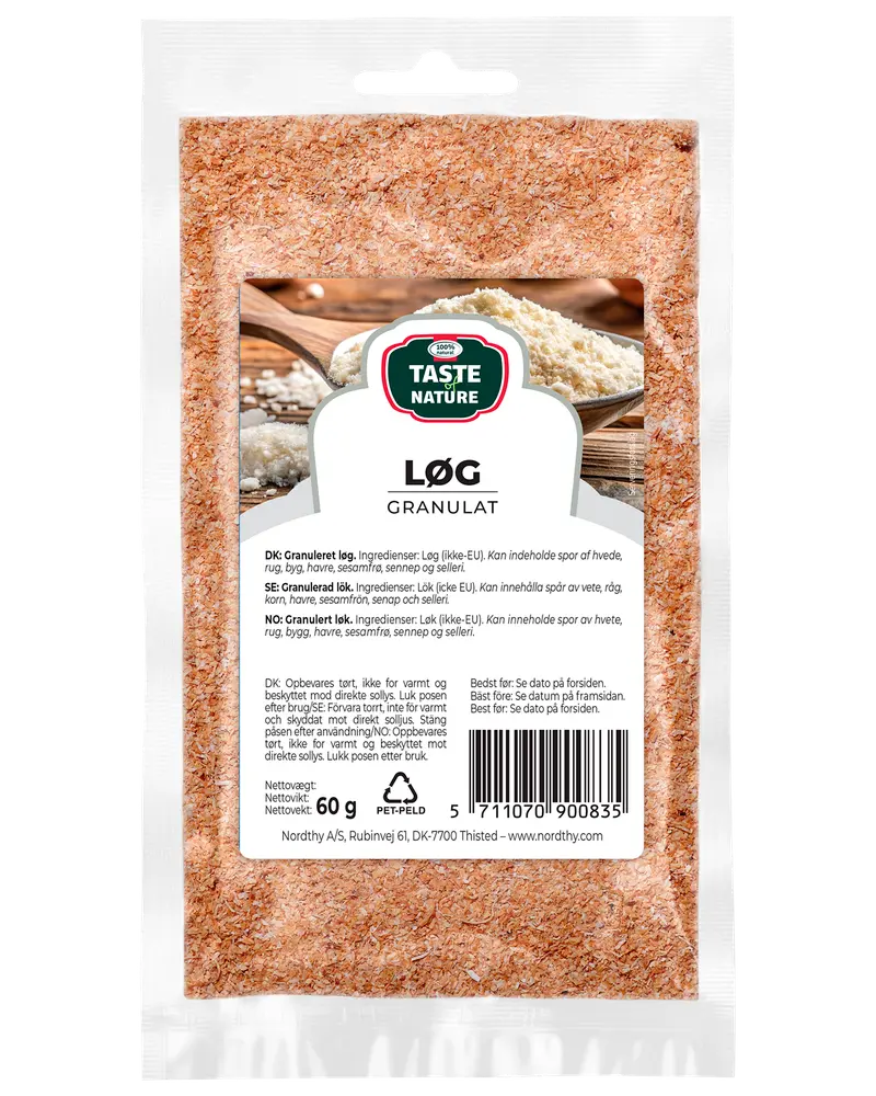 60g förpackning Taste Nature lökgranulat, finmald, i återförslutningsbar transparent påse med produktetikett och ingredienslista på framsidan.
