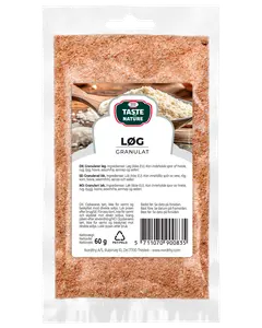 60g förpackning Taste Nature lökgranulat, finmald, i återförslutningsbar transparent påse med produktetikett och ingredienslista på framsidan.