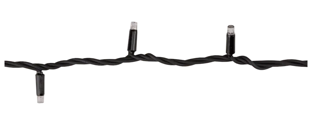 Svart ljusslinga med jämnt placerade små klara LED-lampor. Passar för dekoration inomhus eller utomhus. Hållbar tvinnad kabel för enkel och flexibel montering.