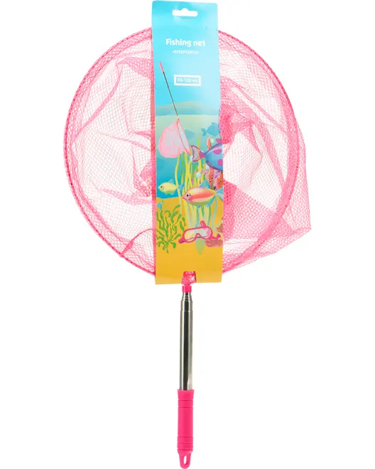 Rosa fiskenät med rund nätkorg och teleskopiskt metallhandtag, passar barn. Handtaget har rosa grepp för enkel användning. Perfekt för små fiskar eller dammdjur.
