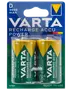 Förpackning med två Varta D-storlek uppladdningsbara batterier, 3000mAh kapacitet, NiMH-typ, klara att använda, passar för strömkrävande enheter. Grön och gul färg.