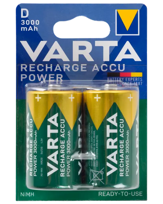 Förpackning med två Varta D-storlek uppladdningsbara batterier, 3000mAh kapacitet, NiMH-typ, klara att använda, passar för strömkrävande enheter. Grön och gul färg.