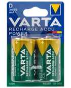 Förpackning med två Varta D-storlek uppladdningsbara batterier, 3000mAh kapacitet, NiMH-typ, klara att använda, passar för strömkrävande enheter. Grön och gul färg.