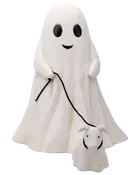 Keramisk Halloween-figur af et spøgelse med sorte øjne og smil, der holder en snor til en lille spøgelseshund. Begge dækket af hvide lagner. Mat finish.