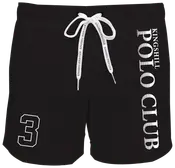 Sort shorts med hvid snøre, stor lodret 'Kingshill Polo Club' tekst på højre ben, tallet 3 på venstre ben og mærket snørebånd. Sporty, afslappet stil.