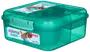 Gennemsigtig grøn plastik madkasse med sikker kliklås, opdelte rum og aftagelig beholder indeni. BPA-fri, tåler opvaskemaskine. Mærke: Sistema, model: Bento Cube.