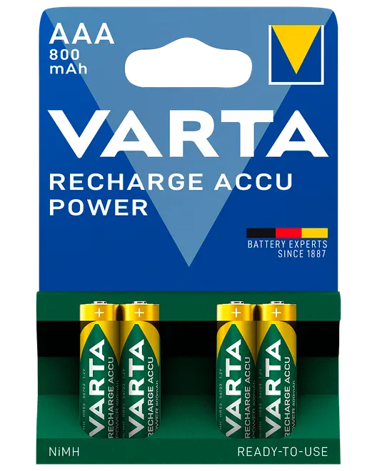Fyra Varta AAA uppladdningsbara NiMH-batterier, 800mAh kapacitet, klara att användas. Blå och grön förpackning med gula detaljer, tydligt märkta.