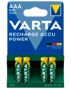 Fyra Varta AAA uppladdningsbara NiMH-batterier, 800mAh kapacitet, klara att användas. Blå och grön förpackning med gula detaljer, tydligt märkta.