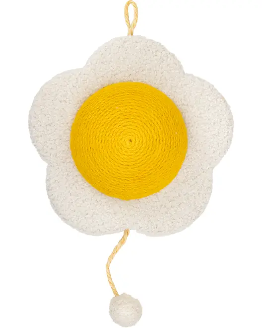 Blomstformet kradsebræt til katte med gul sisal i midten og hvide plysblade, hængende snor og pompon. Perfekt til katte, der vil kradse og lege.