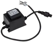 Sort vandtæt transformer med tilsluttet strømkabel, mærket til udendørs brug. Har monteringsflanger, indgangs-/udgangsledninger og stik til nem installation i havebelysningssystemer.