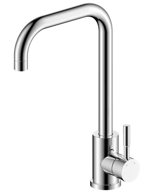 Moderne køkkenarmatur i krom med højbueformet tud og enkelt greb til varmt og koldt vand. Elegant cylindrisk design, passer til moderne køkkener.