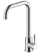 Moderne køkkenarmatur i krom med højbueformet tud og enkelt greb til varmt og koldt vand. Elegant cylindrisk design, passer til moderne køkkener.