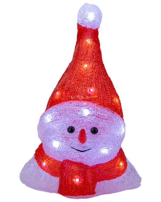 Upplyst snögubbe-dekoration med röd tomteluva och halsduk, leende ansikte, svarta ögon och näsa. Tillverkad av texturerad akryl, med vita och orange LED-lampor.