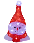 Upplyst snögubbe-dekoration med röd tomteluva och halsduk, leende ansikte, svarta ögon och näsa. Tillverkad av texturerad akryl, med vita och orange LED-lampor.