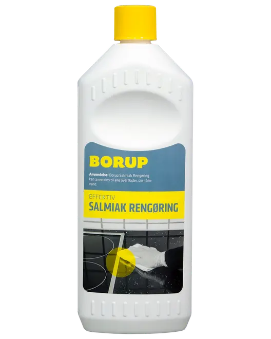 Hvid plastflaske med gult låg, mærket 'Borup Salmiak Rengøring'. Velegnet til rengøring af alle vandtålelige overflader. Blå og gul etiket med rengøringsvejledning og billede af komfur.