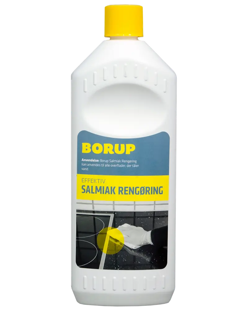 Hvid plastflaske med gult låg, mærket 'Borup Salmiak Rengøring'. Velegnet til rengøring af alle vandtålelige overflader. Blå og gul etiket med rengøringsvejledning og billede af komfur.