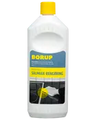 Hvid plastflaske med gult låg, mærket 'Borup Salmiak Rengøring'. Velegnet til rengøring af alle vandtålelige overflader. Blå og gul etiket med rengøringsvejledning og billede af komfur.