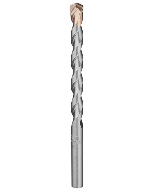 Sølvfarvet spiral murbor med hårdmetalspids og langt skaft, velegnet til boring i beton, mursten og sten.