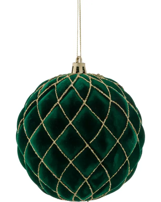 Grøn fløjl juletræskugle med guldfarvet diamantmønster, guldkapsel og ophængssnor. Elegant og blød tekstur, perfekt til juletræspynt.