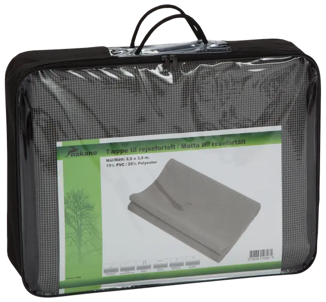 Grå matta för resetält, 2,5 x 3,9 meter, 75% PVC och 25% polyester, förpackad i genomskinlig bärväska med dragkedja.