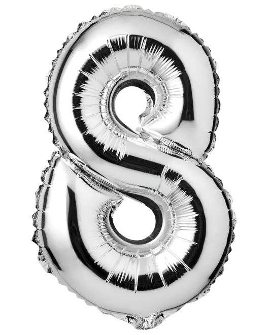Sølvfolieballon formet som tallet otte med blank metallisk overflade. Perfekt til fester, fødselsdage eller fejringer. Selvforseglende og egnet til helium eller luft.