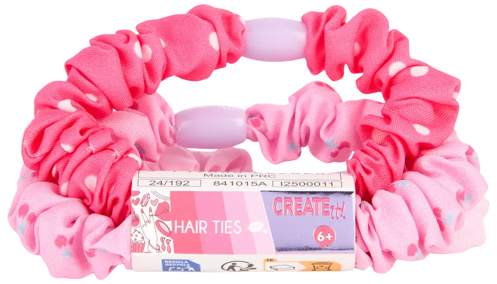 Sæt med to stof-scrunchies i lyserøde nuancer med hvide prikker, egnet til børn fra 6 år. Blødt, elastisk materiale for behagelig hårstyling.